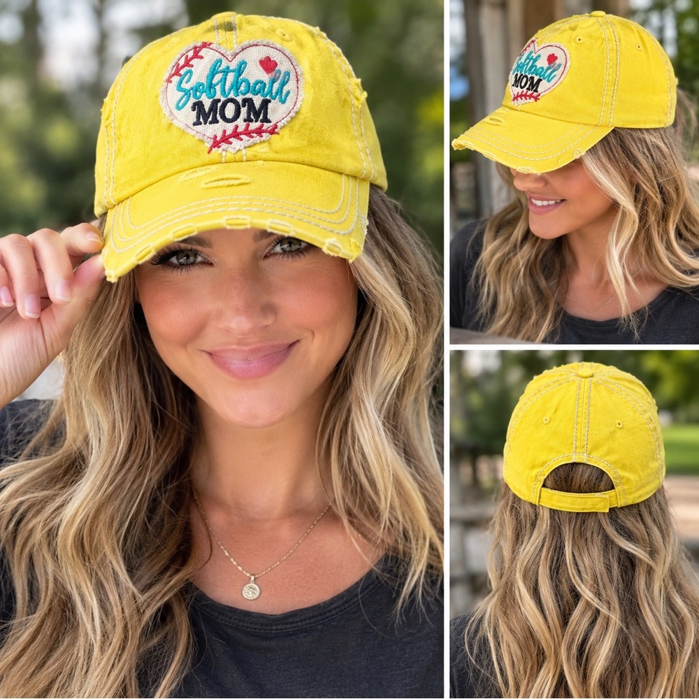 Yellow 'Softball Mom' Distressed Baseball Cap